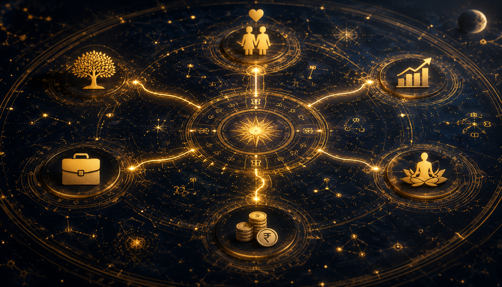 Cosmic map showing the key life areas — love, career, wealth, growth and spiritual awakening